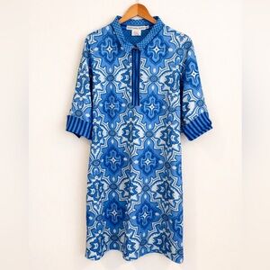 Gretchen Scott Laugh More Dress Large Blue White Boho Tiles Size M